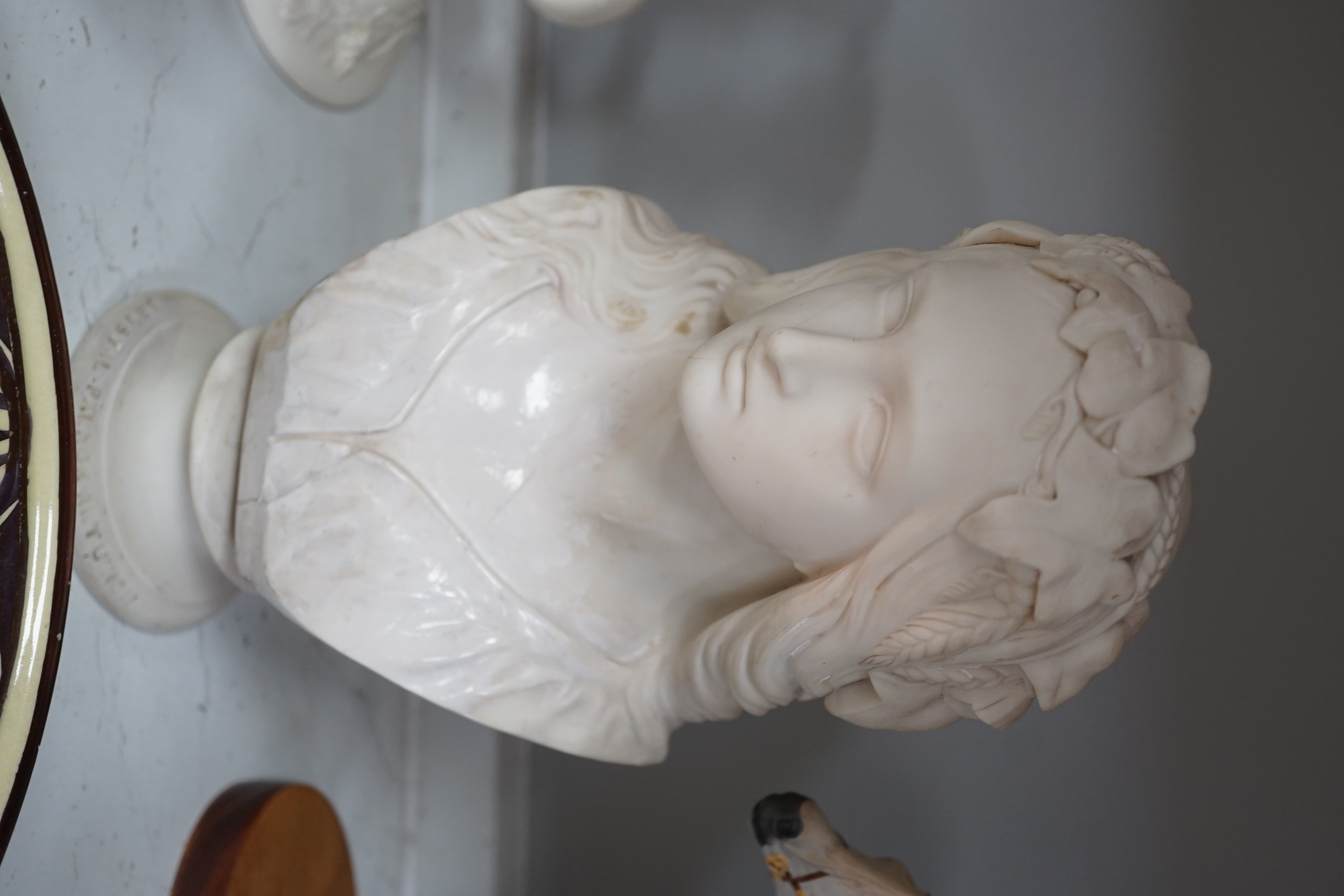 Mixed ceramics to include Copeland Parian Ophelia (a.f.) studio pottery, storage bottles, also to include a glass vase, glass vase 20cms high